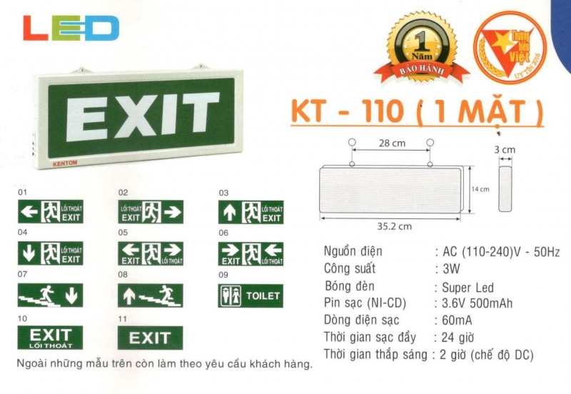 Đèn Exit thoát hiểm KT110/Kentom 1 mặt
