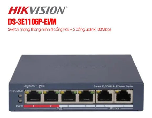 Switch mạng 4 cổng PoE HIKVISION DS-3E1106P-EI/M